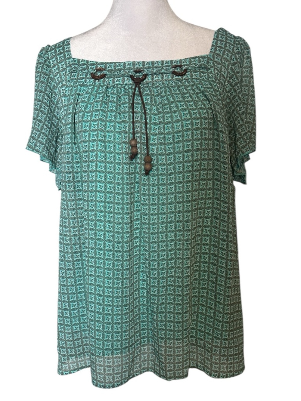 Roz & Ali Teal Geometric Square Peasant Tunic with Tie